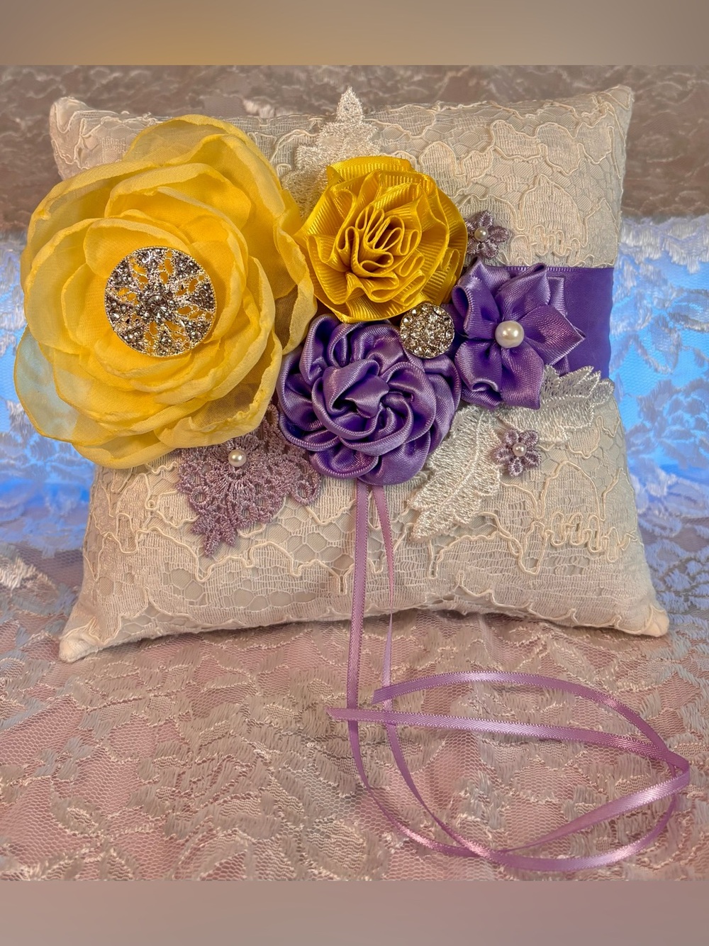 🌼 Handmade Yellow and Lavender Ring Pillow